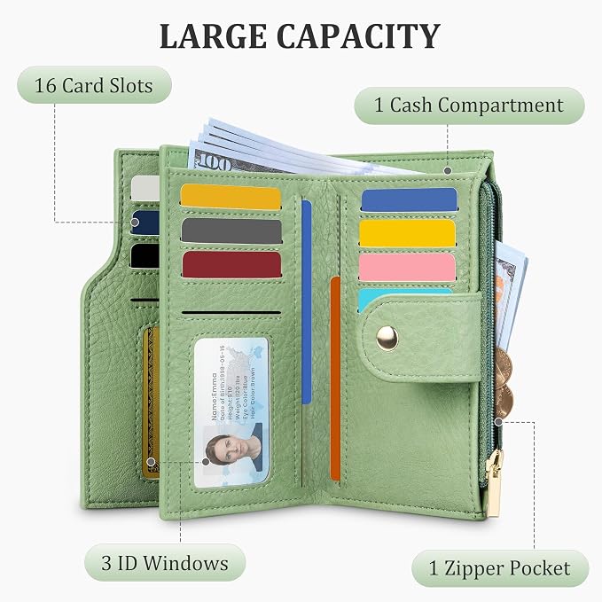 Airkit Small Women's Bifold Wallet, RFID Blocking Credit Card Holder with Zipper, Travel Cute Coin Pocket Wallet for Ladies, Green