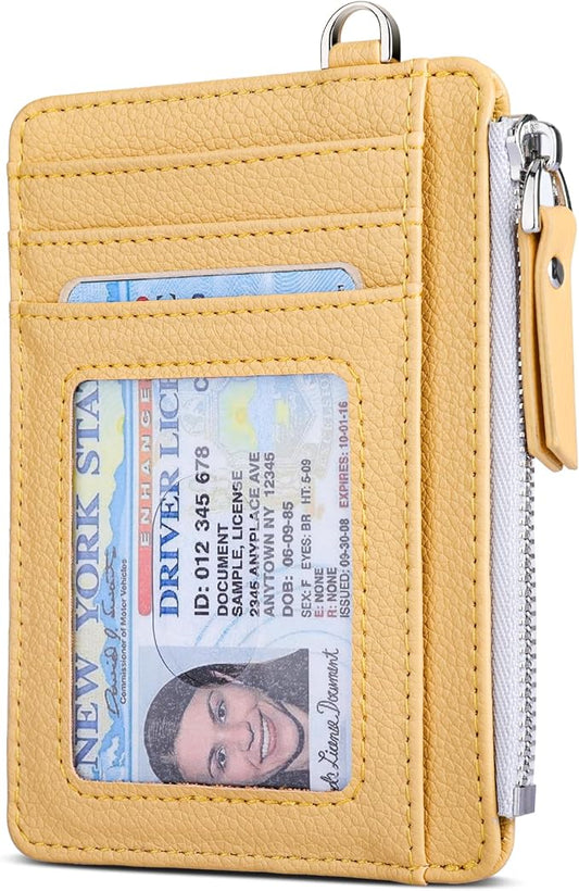 Teskyer Slim Card Holder Wallet with Zip Pocket, RFID Blocking, Total 9 Compartments Large Capacity, 3.5" x 4.7" (Slight Larger Than Usual), Faux Leather - Yellow