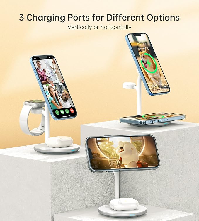 XooFly 3 in 1 Wireless Charging Station for Apple Devices, Fast Wireless Mag-Safe Charger Stand with 20W Adapter for iPhone 17 16 15 14 13 12 Pro Max/Air/Plus/Pro,iWatch,AirPods-Gift for Wife&Husband