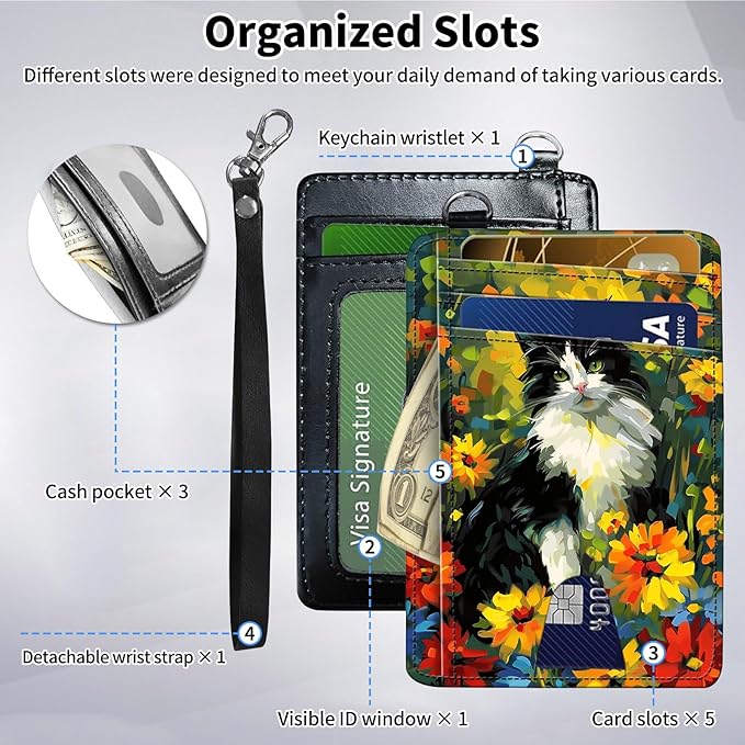 Slim Minimalist Front Pocket Wallet,Credit Card Holder Wallet for Women Men,RFID Blocking Credit Card Holder Case Leather Cute Small Thin Wallet ID Window&Wrist Strap,Watercolor Cat Flower