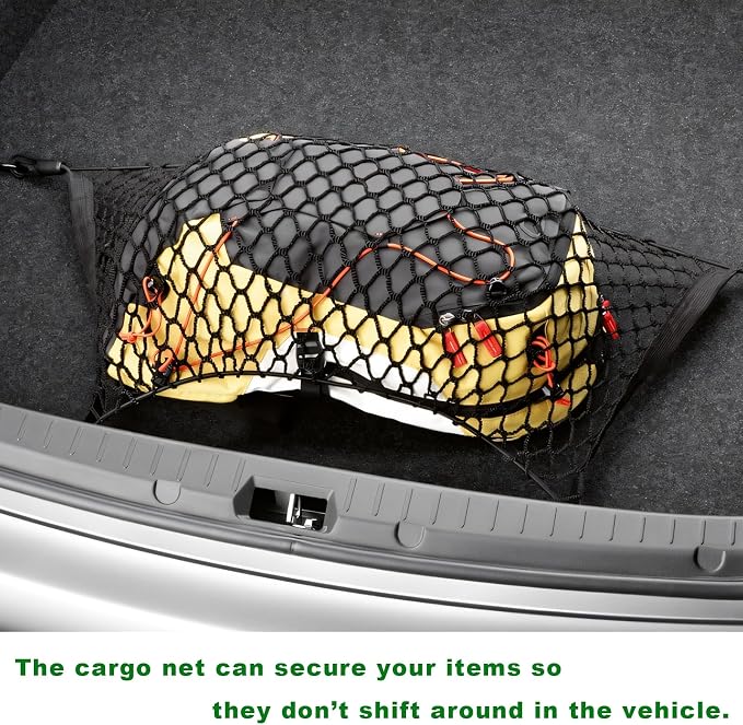 Car Rear Cargo Net, Adjustable Elastic Trunk Storage Net with Mounting Screws & Hooks, Envelope Style Mesh Organizer Cargo Netting for SUV Pickup Truck, Car Accessories (Large)