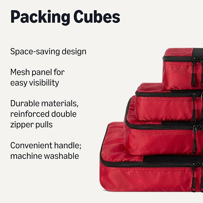 Amazon Essentials 4-Piece Packing Cubes Travel Accessories Set, Luggage Organizer, Double Zipper, Mesh Top, Space-Saving Suitcase Organizer, Small/Medium/Large/Slim, Red (Previously Amazon Basics)