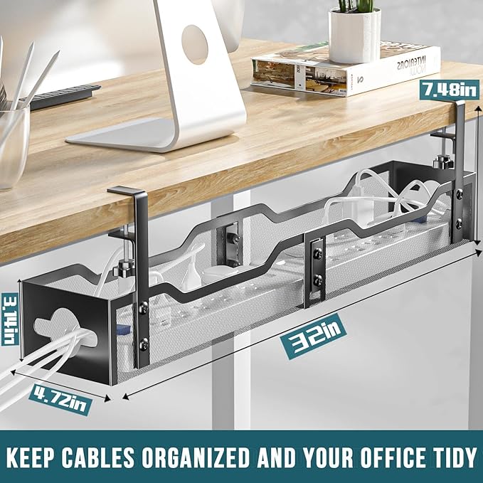Under Desk Cable Management Tray 32'', Cable Management Under Desk No Drill, Cable Organizer with Clamp for Wire Management, Cord Organizer for Office, Home - No Damage to Table (Black)
