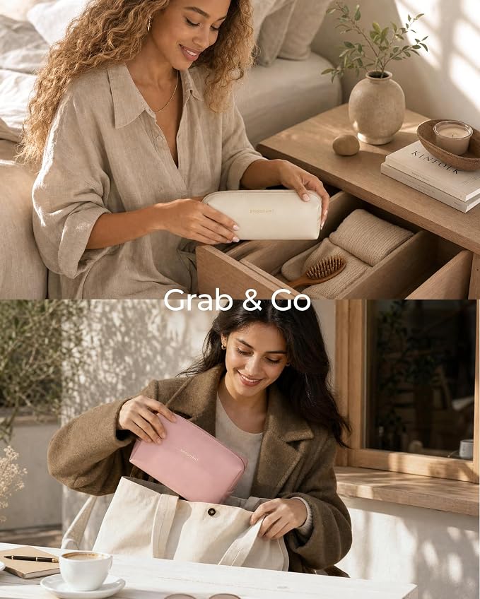 BAGSMART Makeup Bag Travel 3 Pcs Set Cosmetic Bag, Large Make Up Bag Flat Open Toiletry Bag for Women, PU Leather Travel Essentials Organizer Case, Wide-open Pouch for Skincare, Brushes, Camel