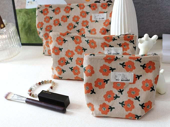 HAPPYHEIDI Makeup Bag Set 3 Cosmetic Toiletry Organizer Zipper Pouch for Purse Tote, Women Girls Gift, Large Medium Small, Beige Orange Floral Corduroy