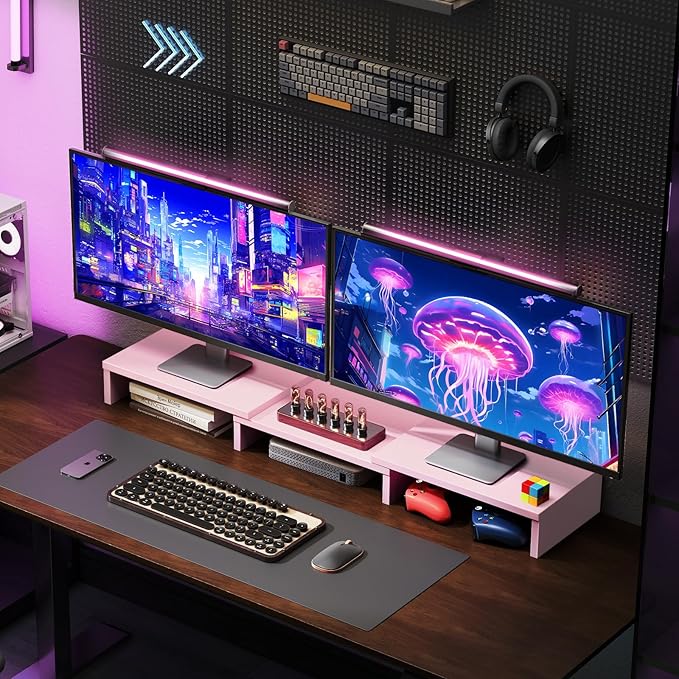 TAVR Dual Monitor Stand Riser, Computer Monitor Stands for 2 Monitors, Extra Long Multifunctional Desktop Organizer Riser for Computer, Laptop, PC, Printer, TV, Max 43.3" Length, Pink