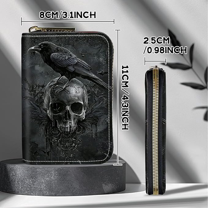Cute Credit Card Holder with Zipper, Crow Skull RFID-Blocking Card Case Small Wallet for Women Men, Multi-slot Card Organizer Case Travel Accordion Wallet