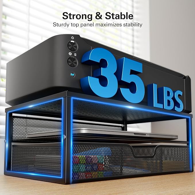 HUANUO 2 Tier Monitor Stand, Metal Monitor Riser with Storage, Computer Desk Organizer with Drawer for Laptop, Computer, PC, Black