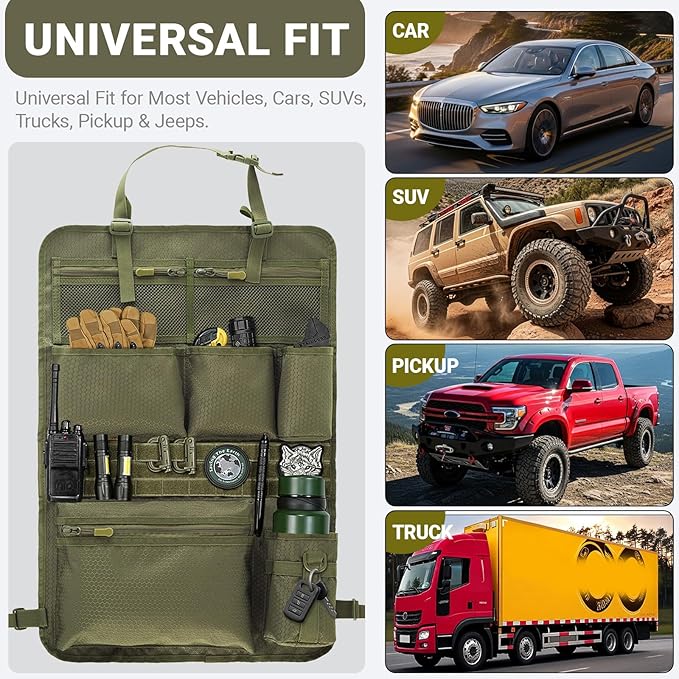 Tactical Car Seat Organizer with Multiple Pockets, MOLLE Panel System & Mesh Compartments, Durable Nylon Universal Vehicle Seat Back Storage with Cup Holder, Water-Resistant (Army Green)