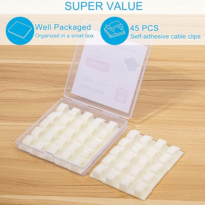 Adhesive Cable Clips White (Large, 45 PCS), Upgraded Wire Clips for Electric Wires, Cord Holders Management Under Desk, Car, Extension Cord, Ethernet Cable, LED Lights