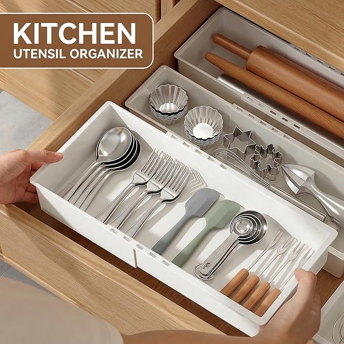 Expandable Drawer Organizer for Kitchen, Bathroom & Office – Adjustable Plastic Storage Tray for Utensils, Makeup, Cutlery, Desk Supplies – BPA-Free, Stackable, No Assembly Required (3 PCS)