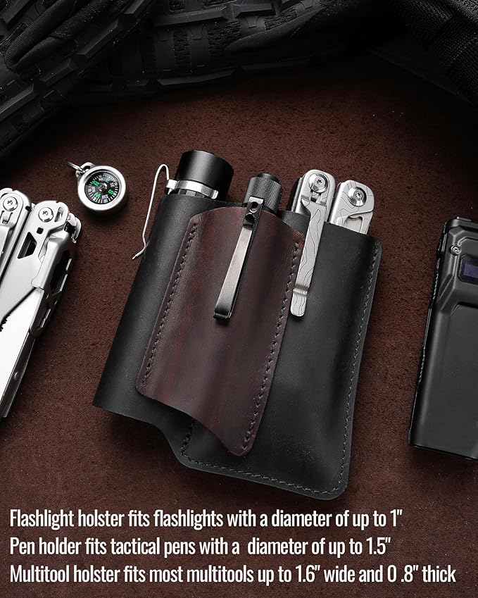 VIPERAED PJ38 Leather Multitool Sheath for Men, 4-in-1 Utility Leather Holster, EDC Pocket Organizer for Pocket Knife Multitool Flashlight and Pen