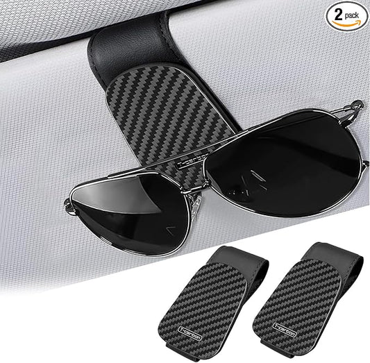T-carbon 2 Pack Sunglass Holder for Car Sun Visor,Magnetic Leather Sunglasses Hanger,Carbon Fiber Sunglasses Holder and Ticket Card Clip, Car Visor Accessories,Matte Black
