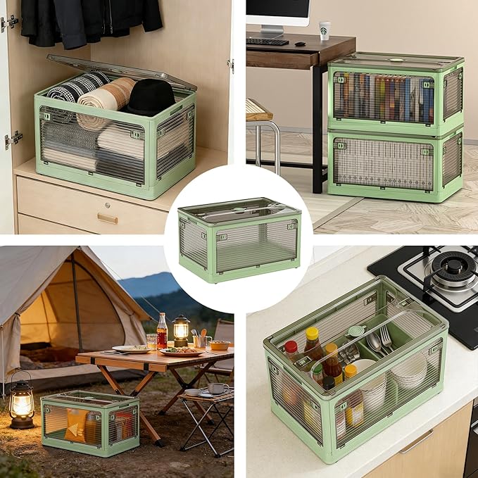 【5-Side Opening & 4 Rolling Casters】Storage Bins with Lids，Portable Foldable Storage Box ，Plastic Stackable Storage Bin for Snacks, Camping，Tools, Closet Organizer (Green)