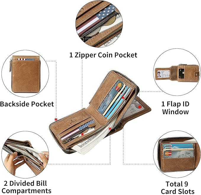 MING CLAN Men's Zipper Wallet, Tobacco Leather, RFID Blocking, Big Capacity, Flap ID Window, 12 Credit Card Slots, 2 Bill Compartments, 2 Vertical Pockets