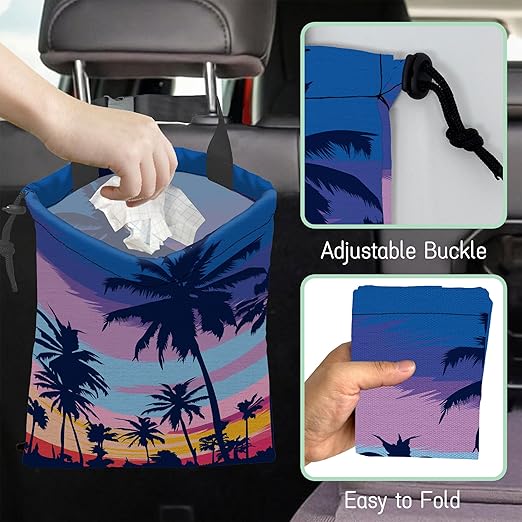 Palm Trees Car Garbage Bag,Sunset Waterproof Small Car Trash Bag Hanging Back of Seat,Drawstring Hanging Car Trash Bag with Adjustable Buckle for Car Accessories