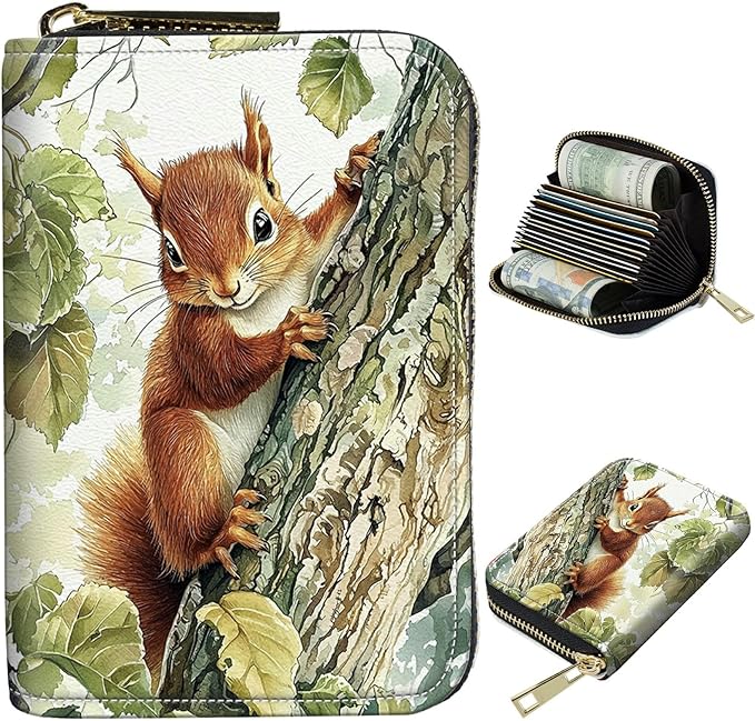 Cute Credit Card Holder with Zipper, Squirrel RFID-Blocking Card Case Small Wallet for Women Men, Multi-slot Card Organizer Case Travel Accordion Wallet