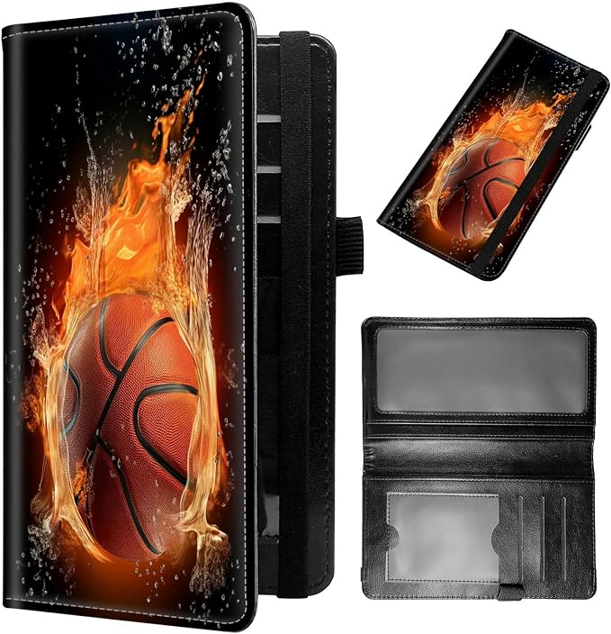 Checkbook Cover for Women & Men PU Leather Check books Covers for Personal Check Book Credit Card Holder Holder Wallet with RFID Blocking for Duplicate Checks,Water Fire Basketball