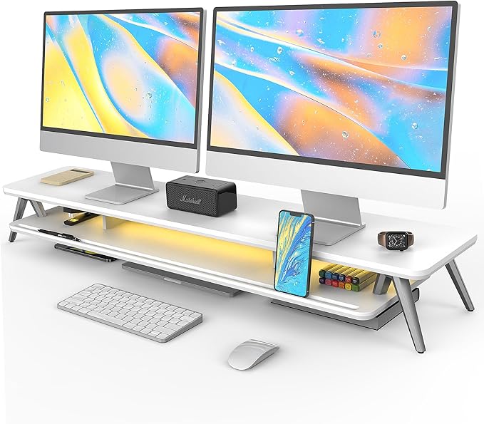 Fenge Dual Monitor Stand, Monitor Stands Riser for 2 Monitors, 42.5 Inch Monitor Stands Shelf with 12 Color LED Light for Office Desk