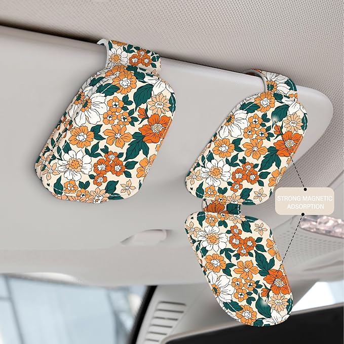 2 Pack Sunglass Holder for Car Visor, Universal Magnetic Car Sunglass Holder for Different Size Eyeglasses, Car Visor Accessories (Flower-Yellow)