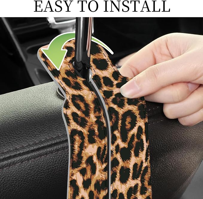 PU Leather Car Seat Hook, Storage Headrest Hanger, Cute Car Backseat Organizer, Car Hooks For Purses and Bags Brown Leopard Print
