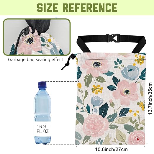 Car Garbage Bag Pink and Blue Rose Flowers Leak-Proof Waterproof Car Trash Bag with Drawstring Foldable Canvas Trash Bin with Adjustable Buckle for Car Accessories