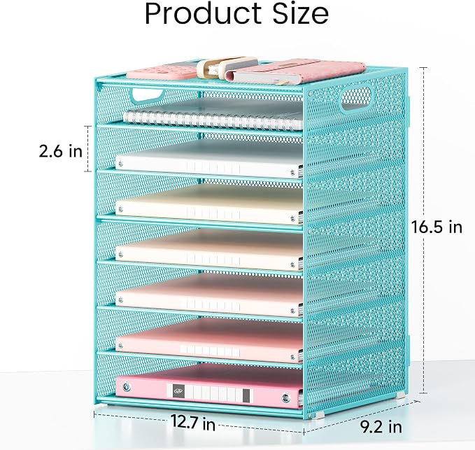 Lavatino 2 Pack 8-Tier Office Desk File Organizer, Letter Tray Paper Organizer with Handle, Including 5 Adjustable Slide Trays for Organizing Desk Workspace Accessories and Supplies (Blue Metal Mesh)