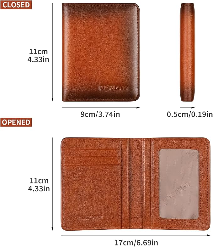 Bifold Slim Men Wallet Genuine Leather Thin, Small Vertical RFID Blocking Wallets for Men ，Compact & Stylish with Clear ID Windows (Brown)