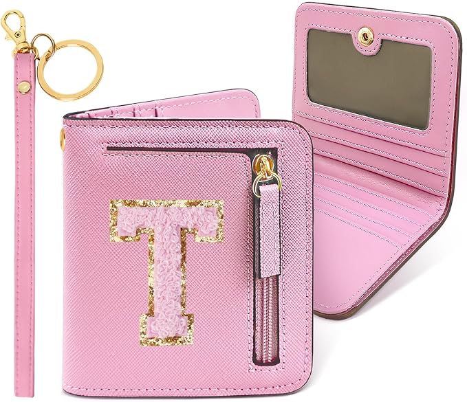 COSHAYSOO Preppy Wallet Gifts for Teen Girls Women Small Wallet RFID Bifold PU Leather Christmas Valentines Easter Mothers Fathers Day Nurse Appreciation Graduation Gifts Chenille Letter T Pink