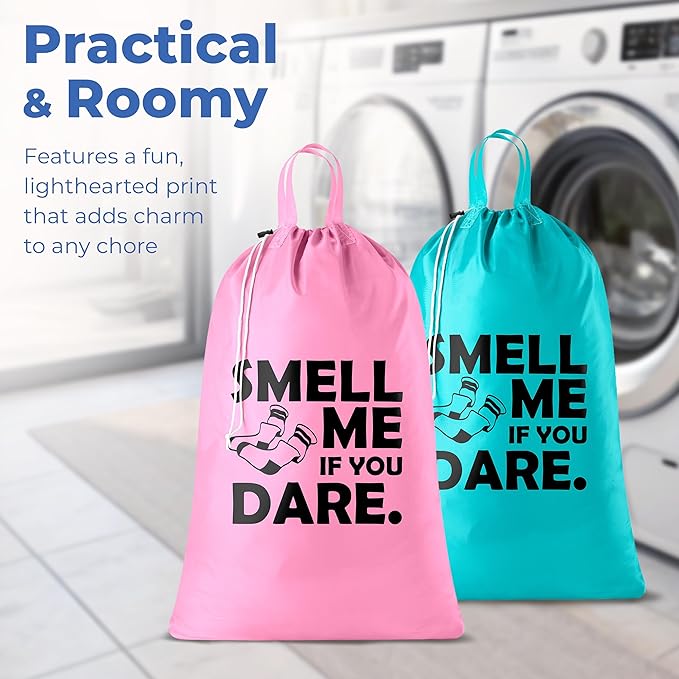 Extra Large Travel Laundry Bag - 2-Pack Fun Print Design Bags for Dirty Clothes - Durable Water-Resistant Fabric - Sturdy Drawstring Closure (Pink-Teal | Smell Me If You Dare)