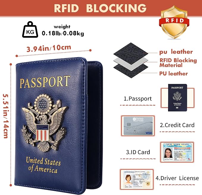 Passport Holder Cover Travel Wallet RFID Blocking Leather Family Passport Organization Personalized Wallet for Men or Women (Blue)