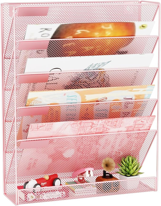 Wall File Organizer Holder Mesh Hanging Paper Document Holder, Vertical 6 Pocket Tier for Office Home, Light Pink