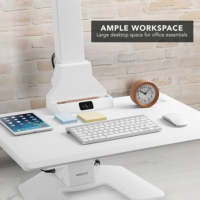 Mount-It! Electric Standing Desk Converter, Adjustable Tabletop Sit Stand Desk Riser with Single Monitor Mount for Monitors up to 32", Freestanding 28" Wide Platform Rises up to 20.75" White