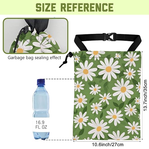 Car Garbage Bag Green Daisy Floral Drawstring Car Trash Bag Hanging for Back Seat with Adjustable Buckle Canvas Vehicle Trash Can Easy-to-Install for Car Accessories Vehicle Travelling Camping
