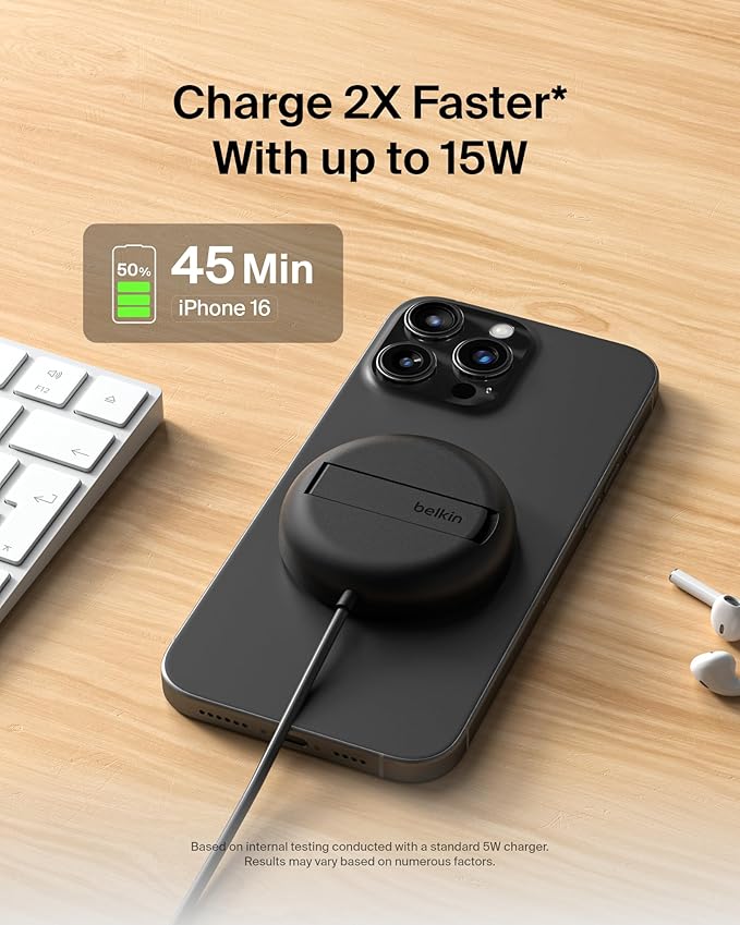 Belkin Magnetic Wireless Charging Pad Qi2 15W w/Kickstand - MagSafe-Compatible Qi2-Certified Wireless Charger for iPhone 17 Series, Samsung Galaxy S25 Series, AirPods (No PSU) - Black