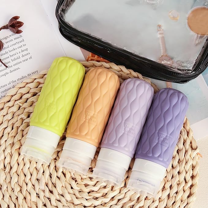 100 ml Silicone Travel Bottles for Toiletries with Labels/Clear Bag, Holiday Travel Essentials Leakproof Refillable Squeeze Travel Size Containers Set for Shampoo and Conditioner