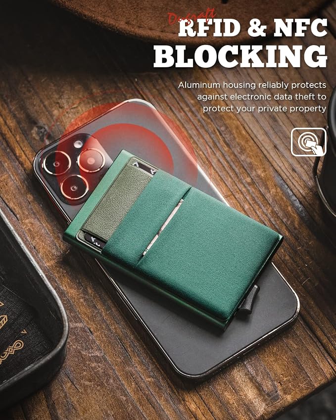 DUGRAFT Minimalist Card Wallet for Men, Slim Wallet Card Holder Pop Up Wallet with Front Pocket RFID Blocking Metal Credit Card Case for Men, Small Smart Wallet, Gift Box Packaging (Midnight Green)