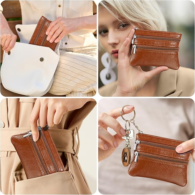 Chelmon 2 Pack Coin Purse Pouch Change Card Holder Wallet with Keychain for Women and Men (Brown & Brown)