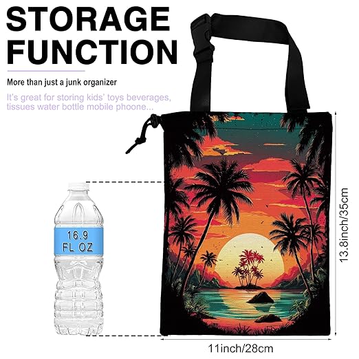 Car Trash Bag Hanging Palm Trees Sunrise Beach Landscape Car Trash Can for Back Seat Waterproof Car Garbage Can with Adjustable Straps and Drawstring for Car Accessories Vehicle Travelling Camping