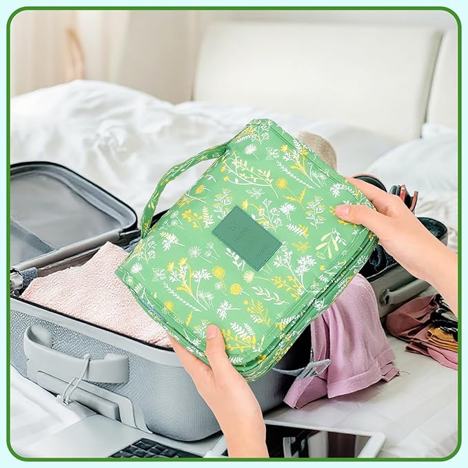 Pengxiaomei Hanging Toiletry Bag, Green Floral Waterproof Cosmetic Bag Portable Makeup Pouch Wash Bag with Handle for Kids Teen Girls Tea Party Spring Party Mothers Day Gifts