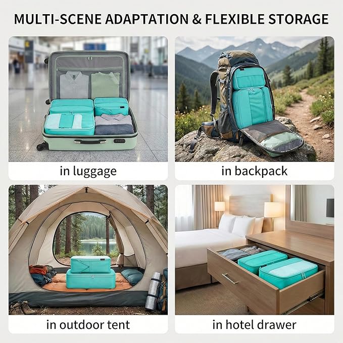 4 Piece Compression Packing Cubes for 3–7 Day Travel, Space Saving Travel Organizers with Breathable Mesh, Double-Zipper Packing Cubes for Carry-On & Suitcases (Teal)