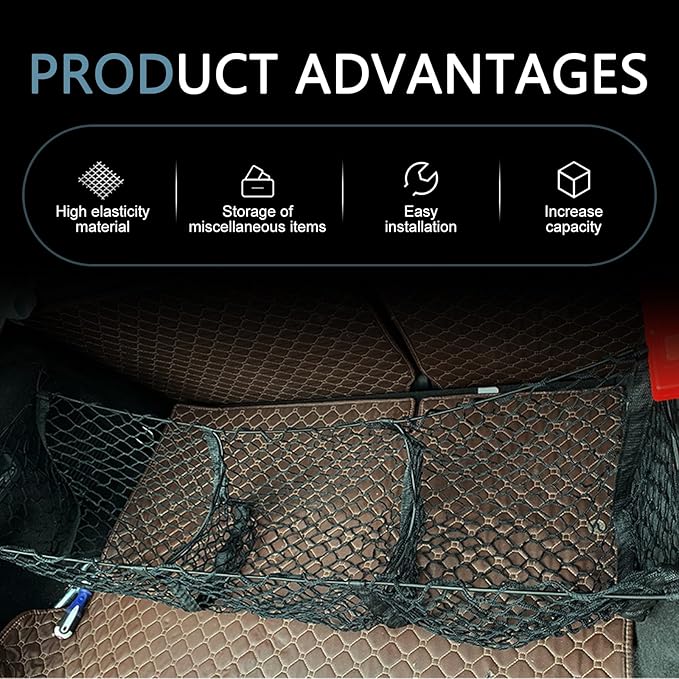 Car Cargo Net, Expandable Three-Compartment Trunk Luggage Net with High-Elastic Mesh Surface, Heavy-Duty Cargo Organizer with 4 Carabiners, Universal Car Storage Accessory (Black)