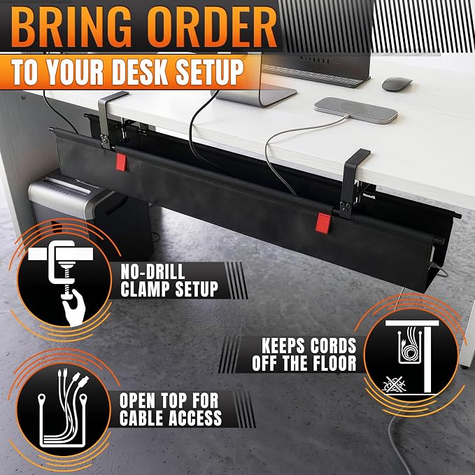 Under Desk Cable Management Tray 48" — No Drill Clamp-On Cord Organizer for Desk with Built-in Ties, Heavy Duty Metal Clamp, Foldable 600D Oxford Fabric for Home Office, WFH & Gaming PC Setup (Black)