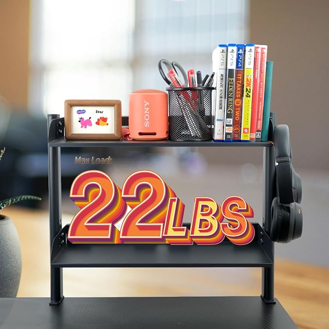 ShinJu Clamp on Desk Shelf for Top of Desk 2 Tier Above or Under Desk Storage Gaming Desk Organizers and Accessories Metal Storage Shelves for Office Standing Desk Accessories Under Desk Bookshelf