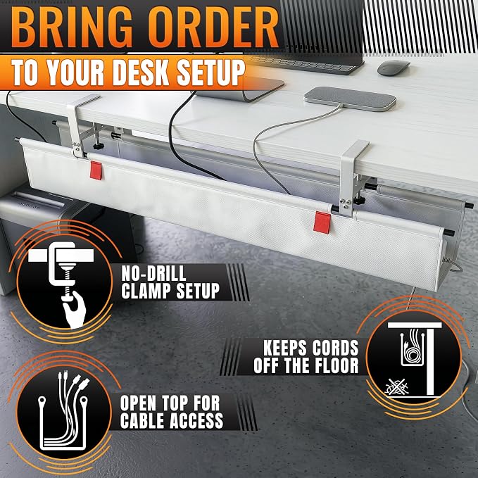 Under Desk Cable Management Tray 48" — No Drill Clamp-On Cord Organizer for Desk with Built-in Ties, Heavy Duty Metal Clamp, Foldable 600D Oxford Fabric for Home Office, WFH & Gaming PC Setup (White)