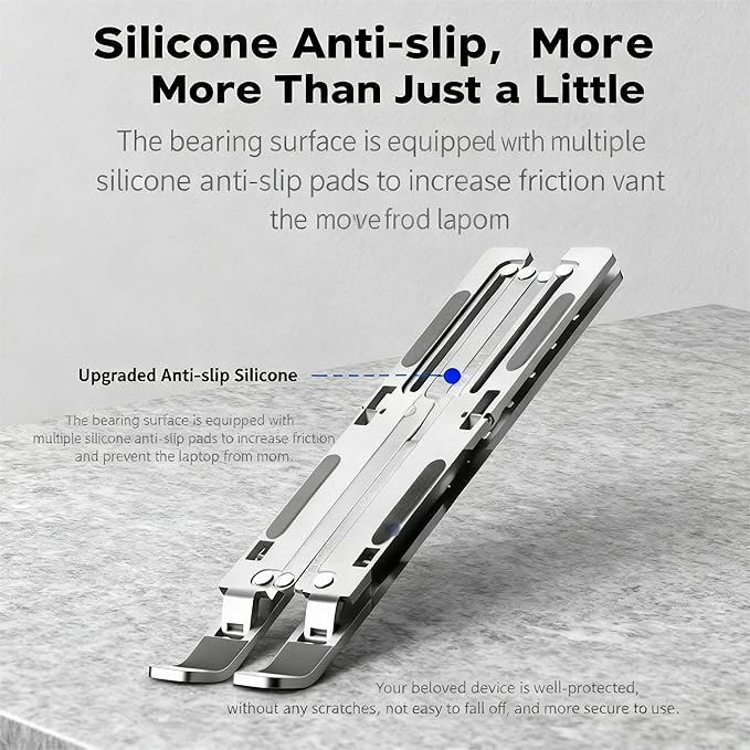 Ergonomic 7-Levels Angles Adjustable Laptop Stand, Portable Laptop Stand for Desk, Aluminum + Silicone Foldable Ventilated Cooling Laptop Riser for 10-17” Laptops, Tablets (Silver)