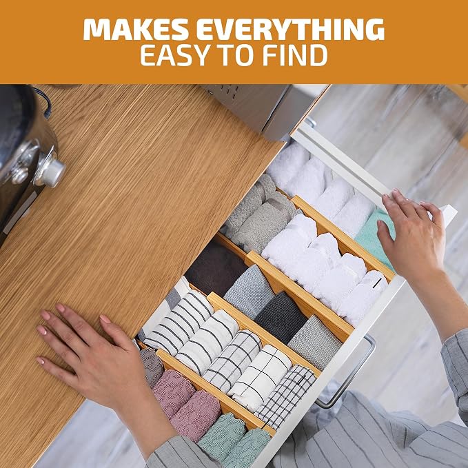 Kitchen Drawer Organizer - 4 Pack Bamboo Drawer Dividers 2.6 in High, Adjustable 16 to 22 in Expandable Spring Loaded Dividers with Non Slip Foam for Utensils, Clothes, Bathroom, Office, Dresser