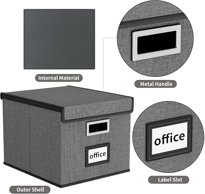 File Organizer Box with Lid, Collapsible File Folder Organizer for Office Document Storage, Filing Box with Plastic Slide for Letter Size Hanging File Folders(1 Pack, Smoky Grey)