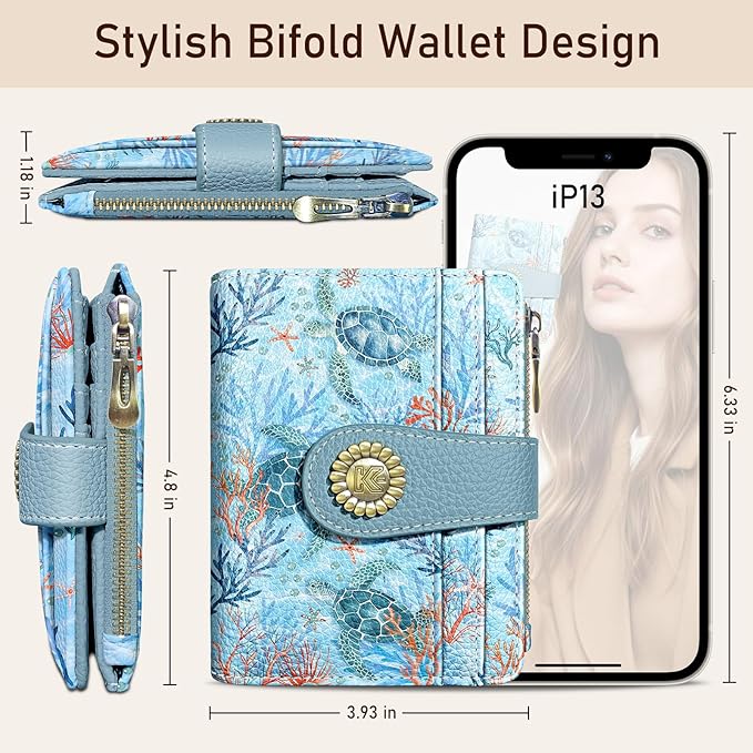 Kelvoris Sea Turtle Small Rfid Women Wallet Bifold Zipper Coin Pocket PU Leather Compact Cash Credit Card Holder Travel Wallet for Female Ladies Teen Girls 1 ID Window 10 Card Slots