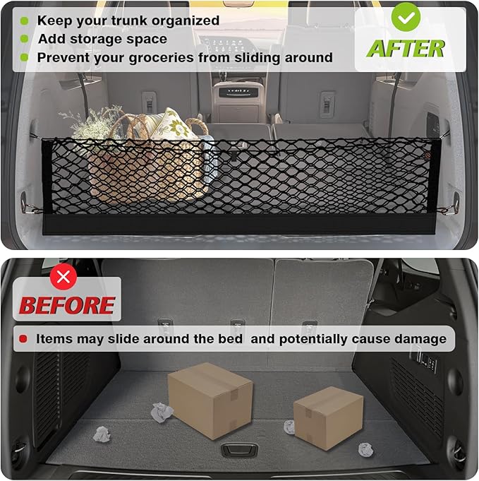 Muslogy Truck Bed Cargo Net Trunk Netting Compatible with 2024-2026 GMC Acadia | Chevy Traverse | 2025+ Buick Enclave Accessories, Pickup Cargo Organizer SUV Sedan Storage Net w/Heavy Duty Carabiners